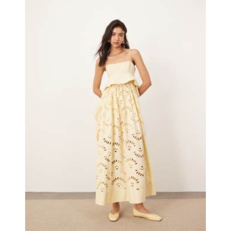 ARRANGE contrast broderie empire cami midi dress with ruffle detail in buttermilk