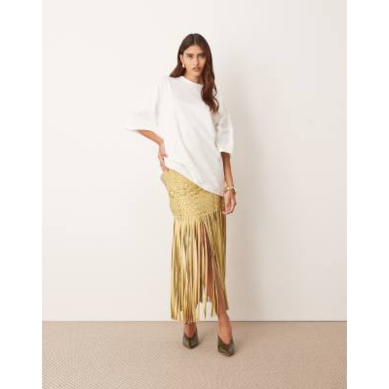 ARRANGE lattice handwoven fringe hem midi skirt in olive