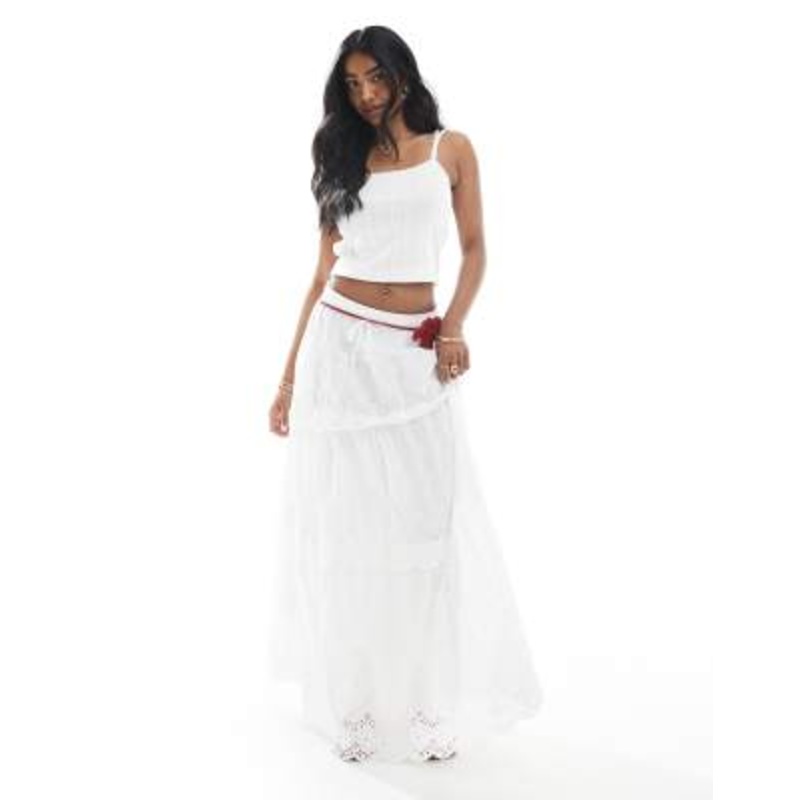 Daisy Street boho tiered maxi skirt with eyelet trim in white