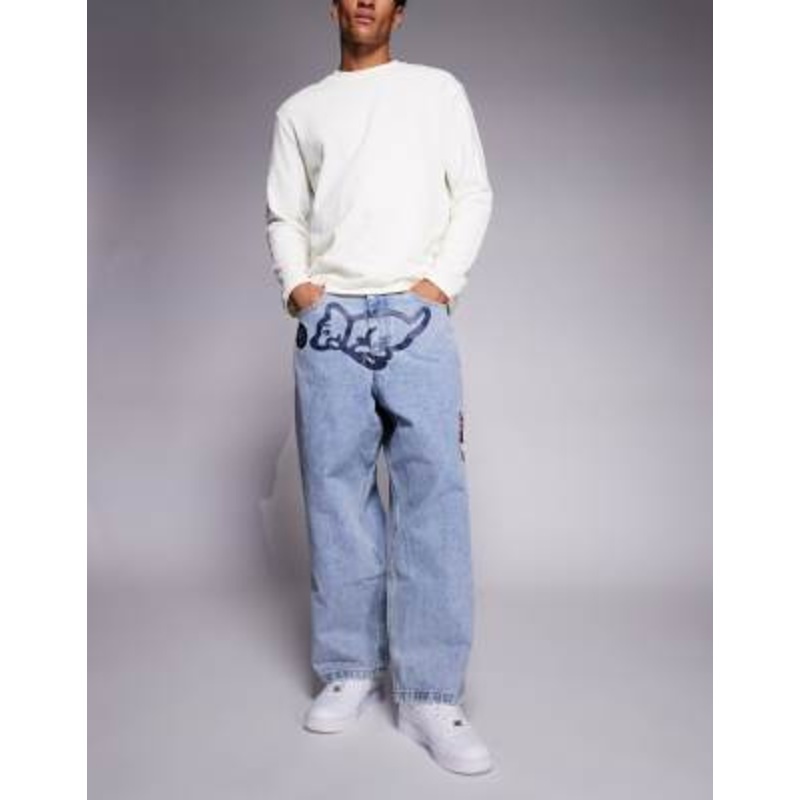 ICECREAM running dog triple scoop patch baggy jeans in light wash blue