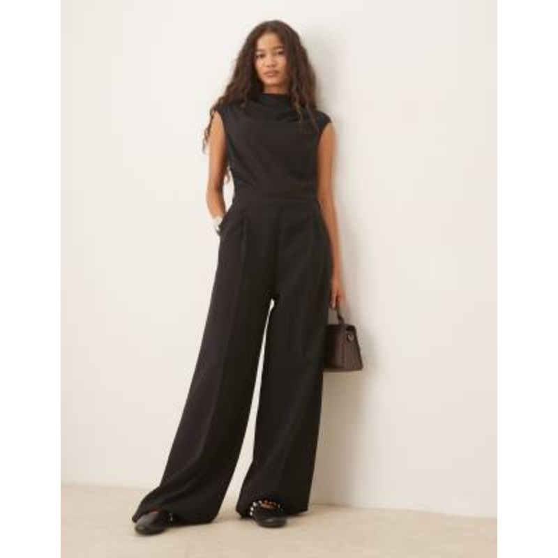 Mango cap sleeve belted jumpsuit in black