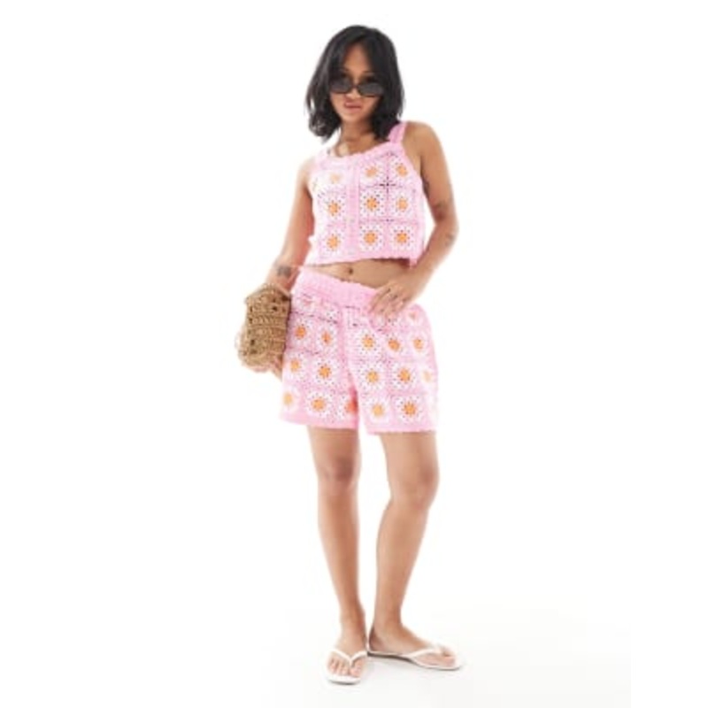 ONLY Petite crochet top & shorts set in pink floral