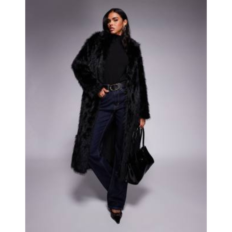 Princess Polly End of Beginning collar detail longline faux fur coat in black
