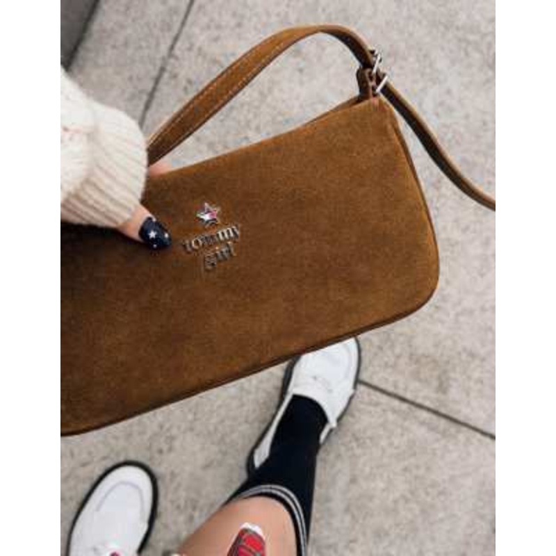 Tommy Jeans Tommy Girl suede shoulder bag with charm in tan