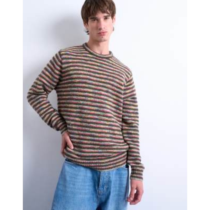 Topman regular fit knit twist striped sweater in khaki green multi