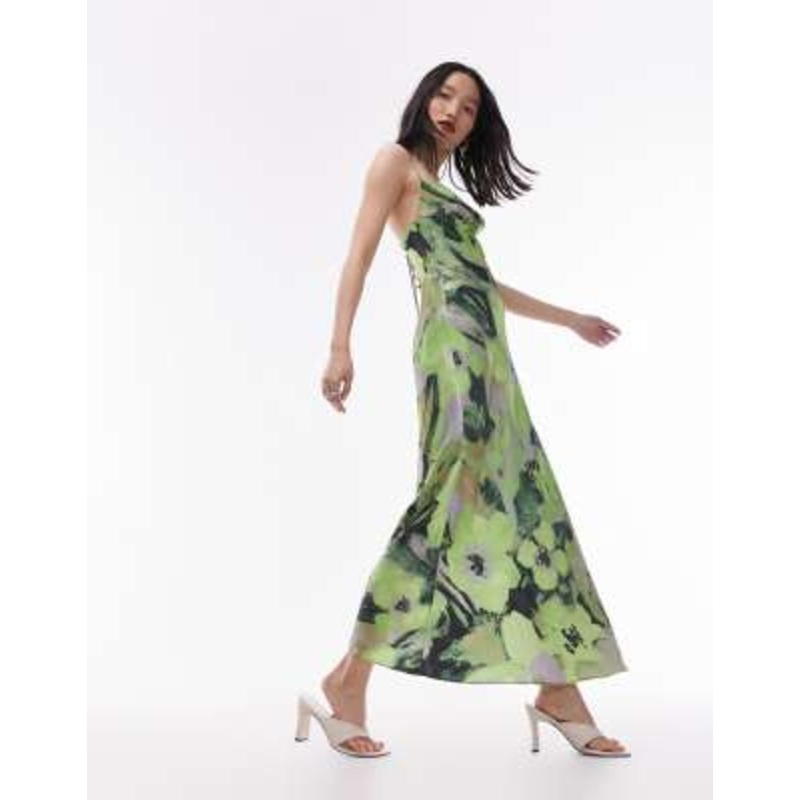 Topshop cami slip midi dress in green floral print