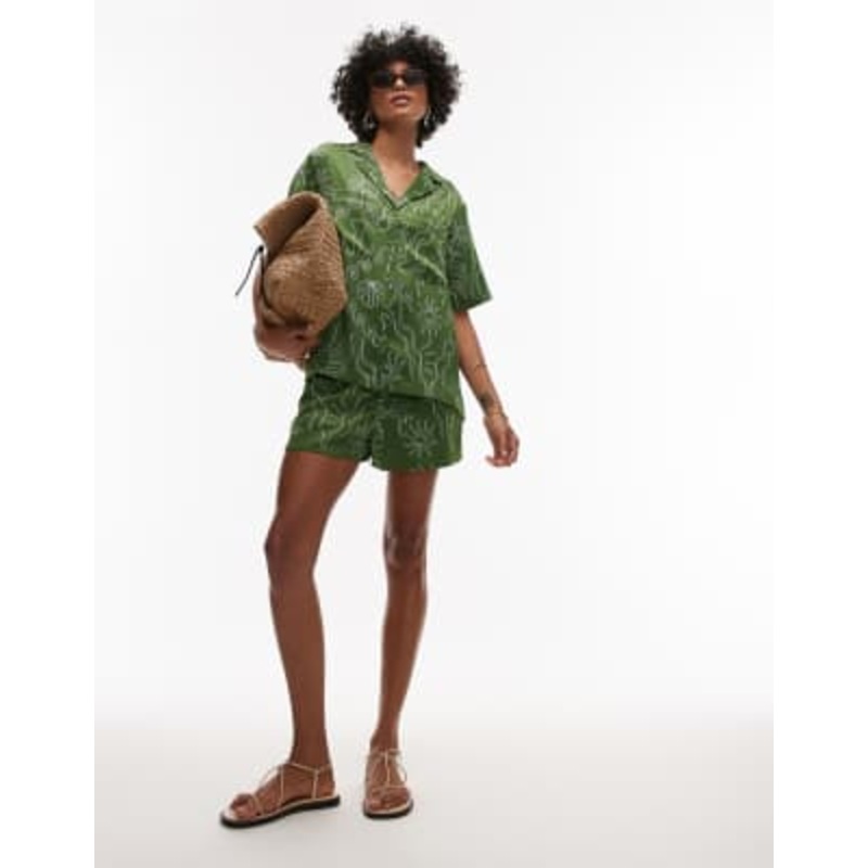 Topshop satin palm tree set in green