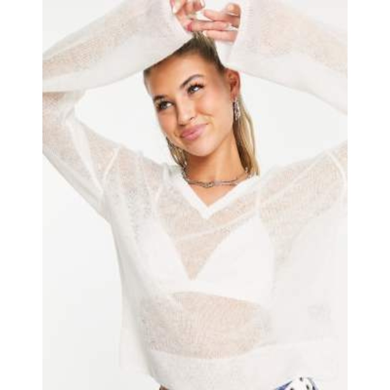 Weekday V-neck collared lightweight knit sweater – WHITE