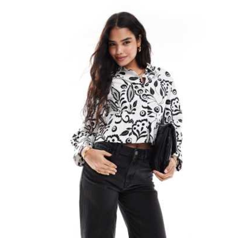 YAS cropped long sleeve shirt in white with garden print