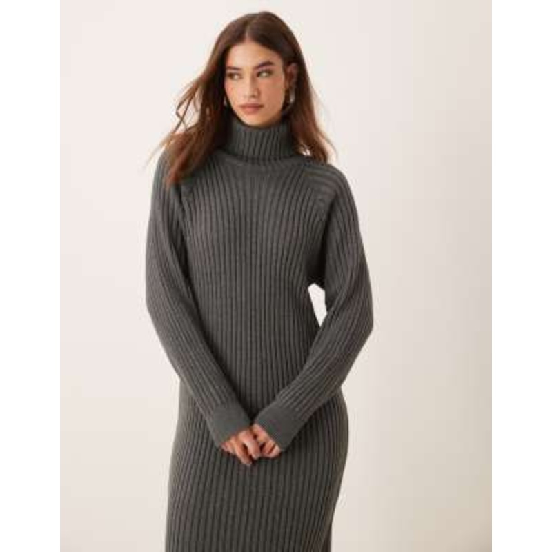 YAS ribbed roll neck sweater midi dress in gray