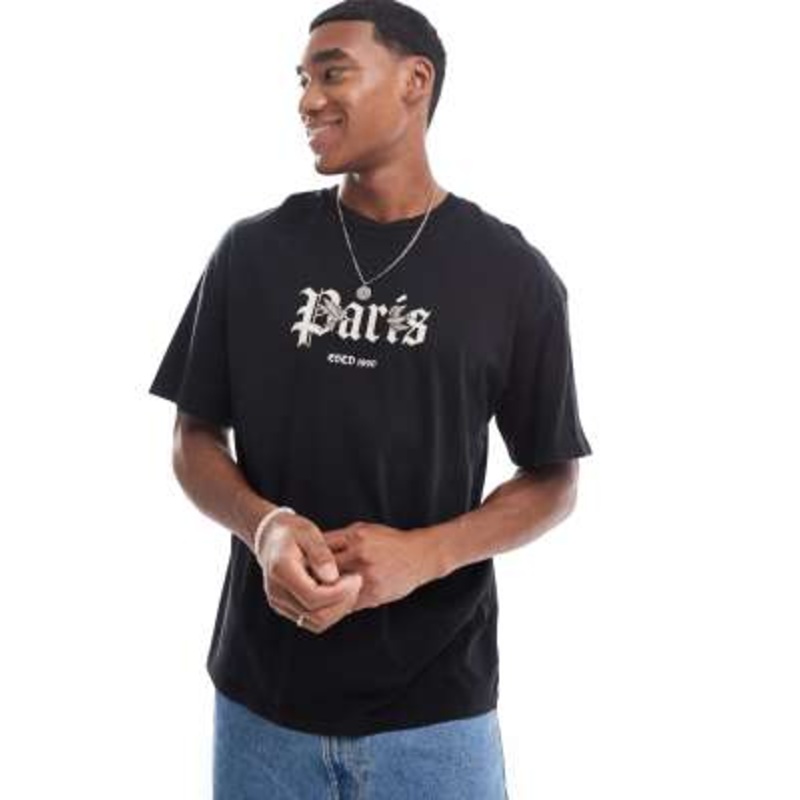ADPT oversized paris print t-shirt in washed black