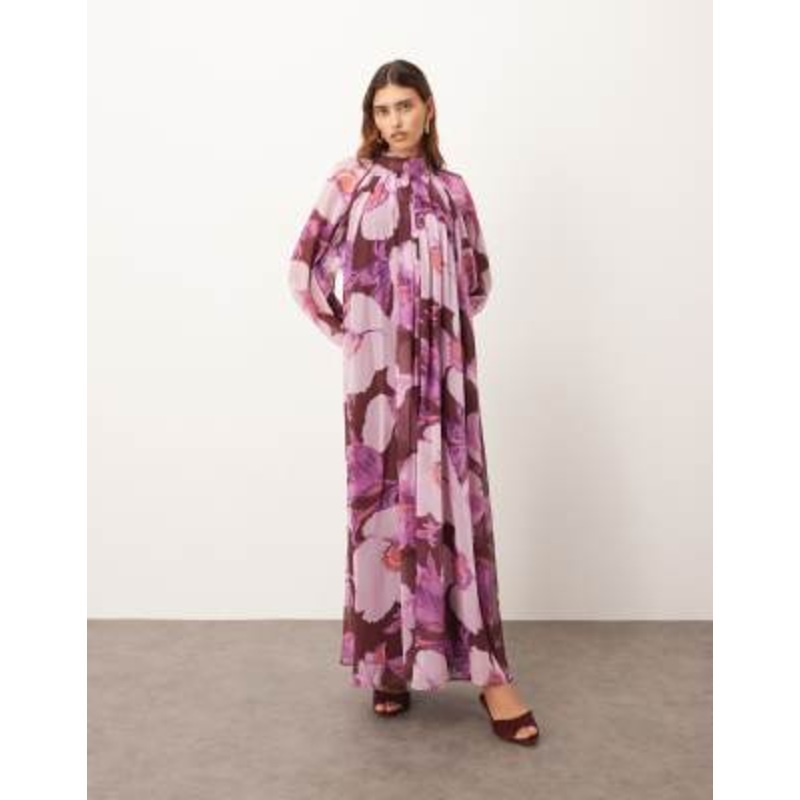 ARRANGE chiffon trapeze maxi dress with balloon sleeves in burgundy floral