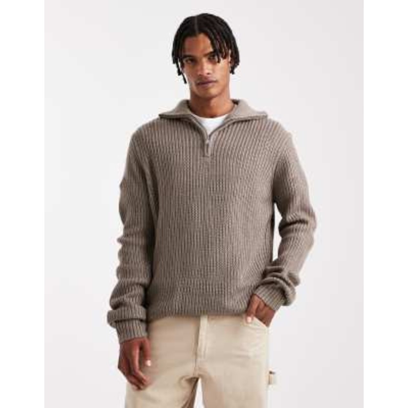 Brave Soul chunky knit quarter zip sweater in taupe