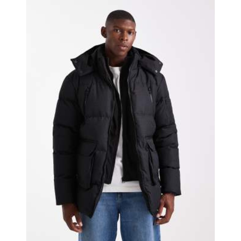 Brave Soul hooded puffer coat with pocket front detail in black