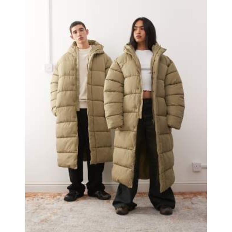 COLLUSION Unisex maxi puffer coat in khaki green