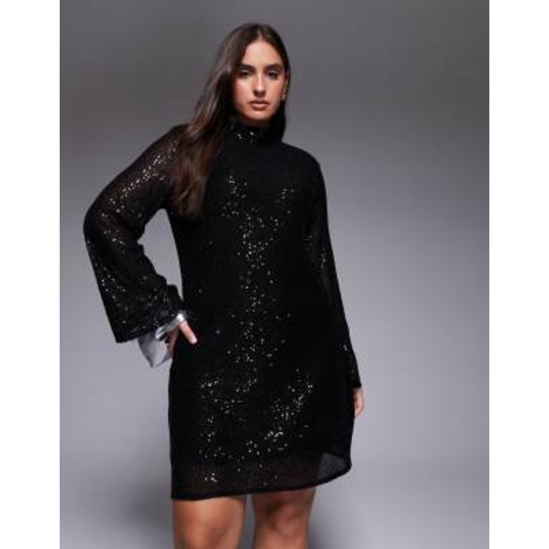 Jaded Rose Plus high neck cowl back sequin mini dress in black