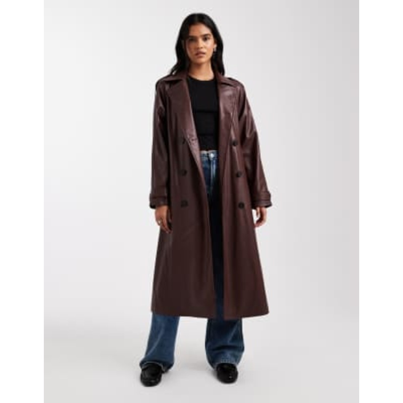 ONLY faux leather maxi trench coat in chocolate brown