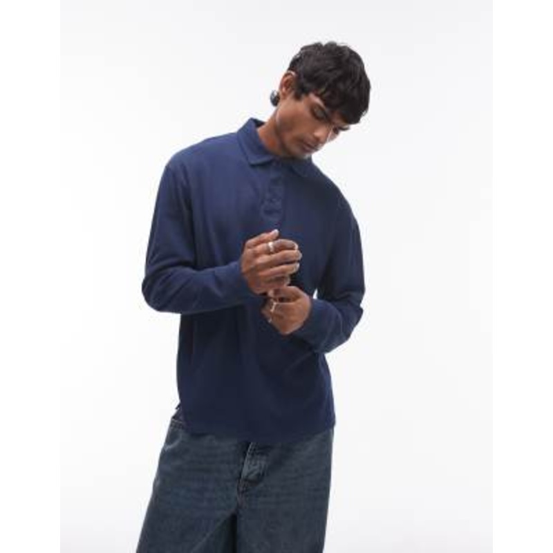 Topman long sleeve polo in washed navy