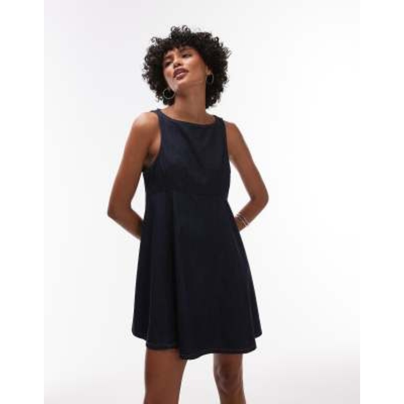 Topshop denim slash neck flippy mini dress in rinse wash