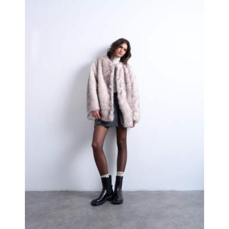 Topshop faux fur collarless mid length coat in white stripes