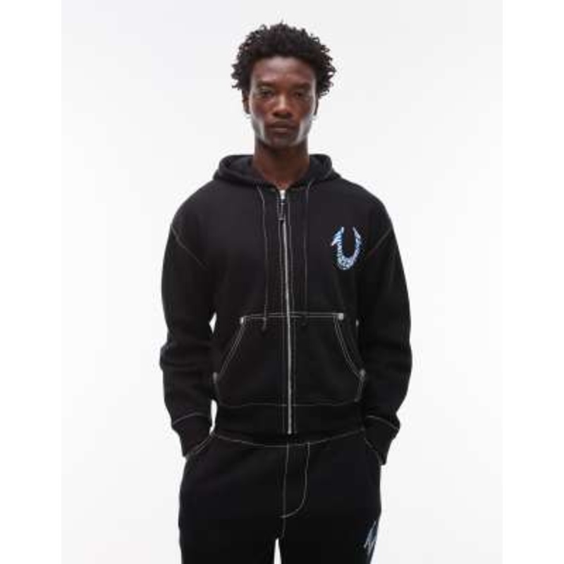 True Religion logo back detail zip through sweats hoodie in black – part of a set