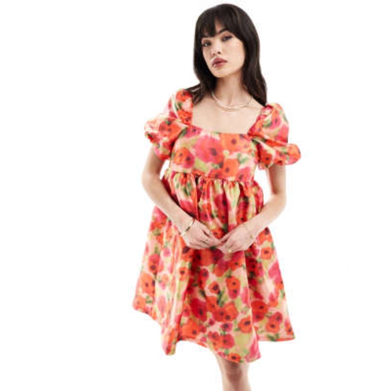 Vila puff sleeve smock mini dress in red poppy print