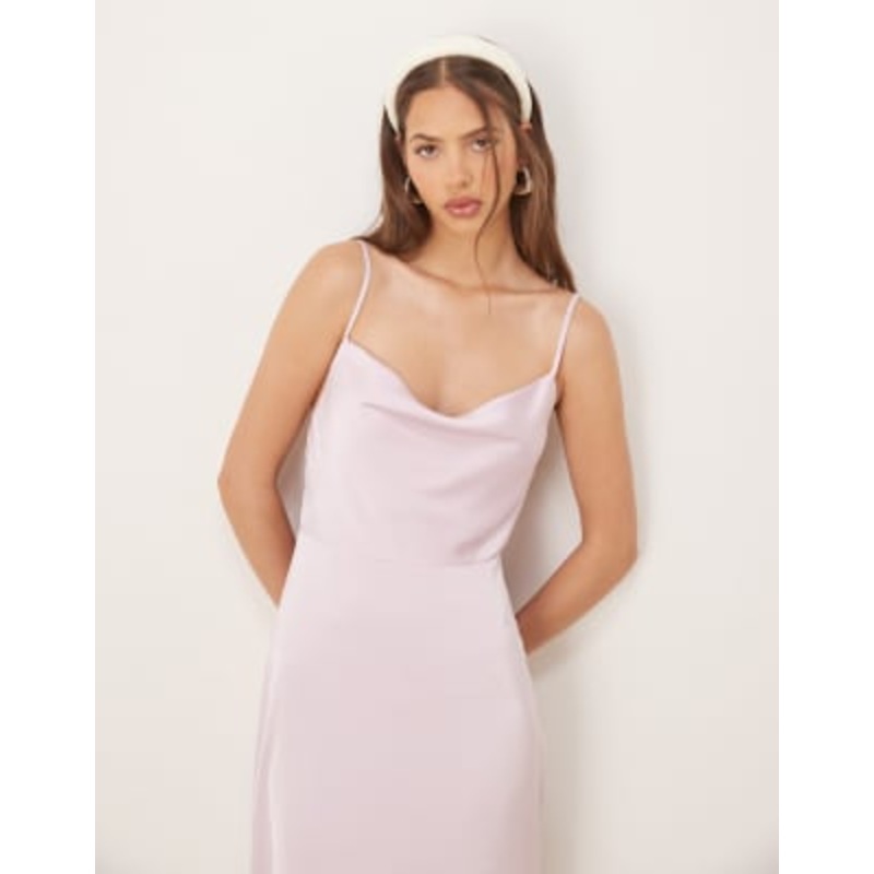 VILA satin cowl neck maxi dress in pastel lavender pink