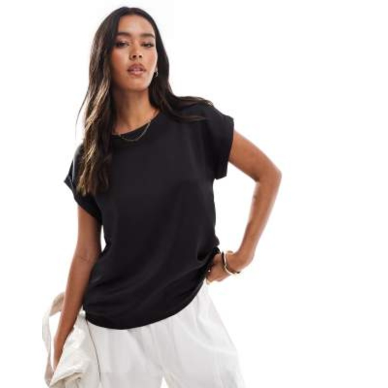 Vila satin front t-shirt with cuffed sleeves in black