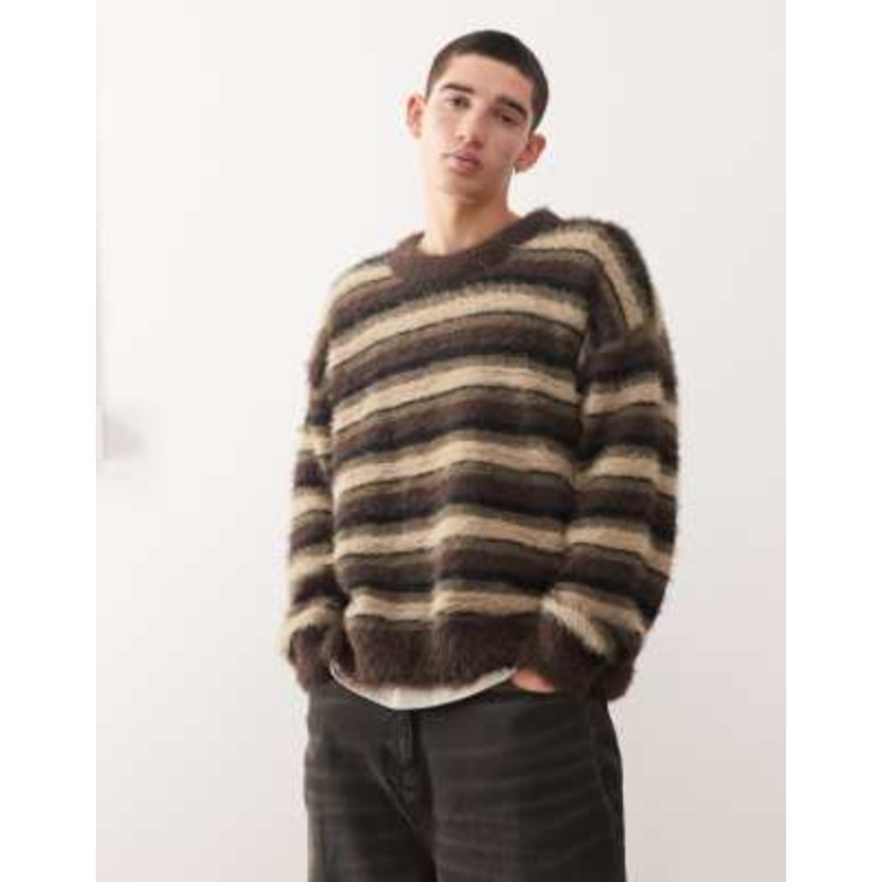 Weekday oversized hairy knit sweater in brown stripe
