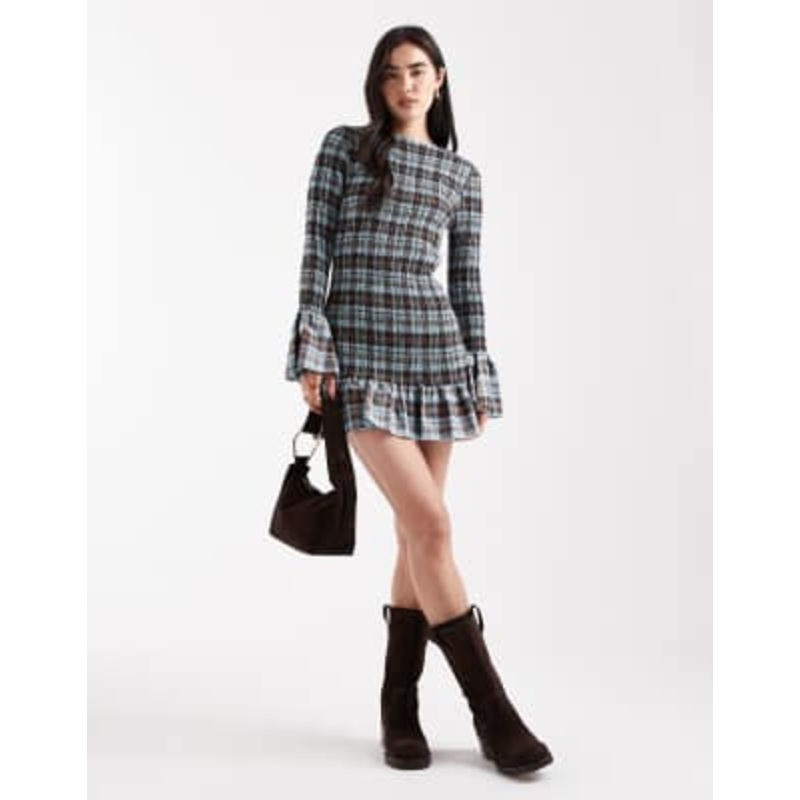 Daisy Street long sleeve shirred mini dress in brown blue plaid