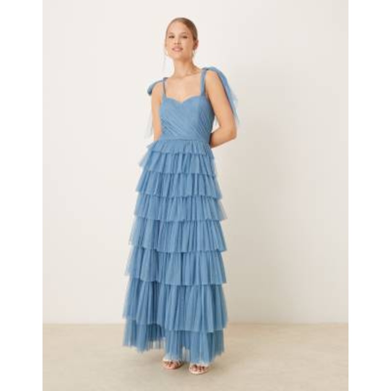 Lace & Beads bow shoulders tiered tulle maxi dress in blue