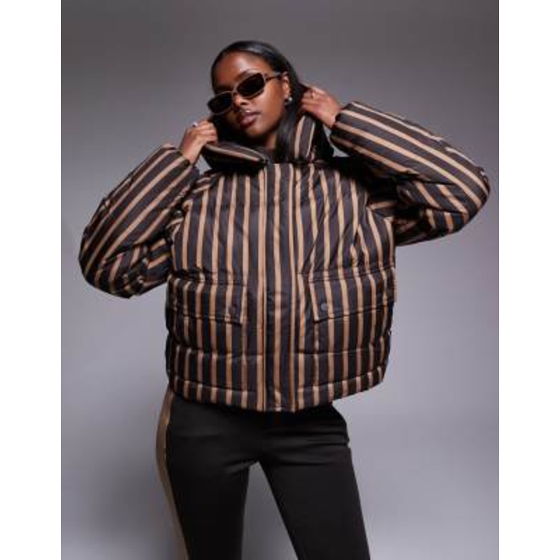 Threadbare Ski striped puffer coat with hood in brown and camel