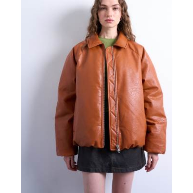 Topshop faux leather padded puffer jacket in burnt orange