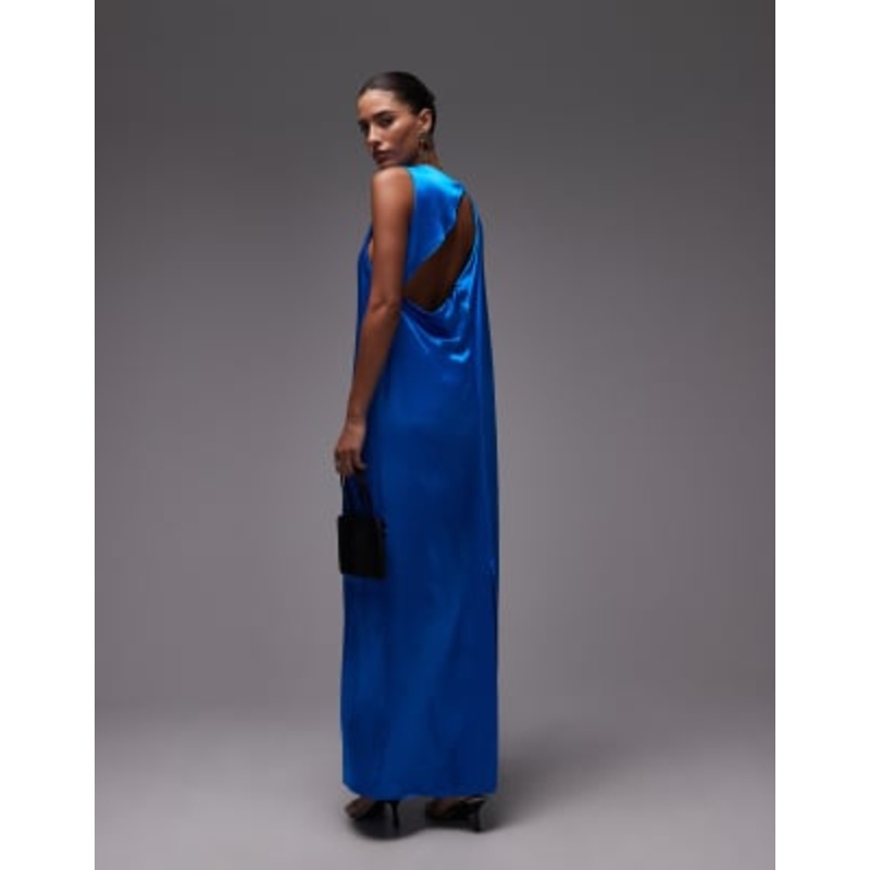 Topshop high neck open back throw-on satin dress in blue