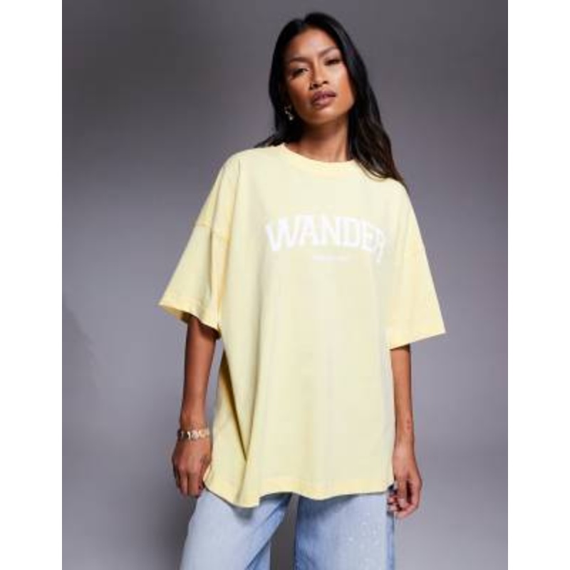 Wanderdoll oversized crew neck logo T-shirt in lemon and white logo
