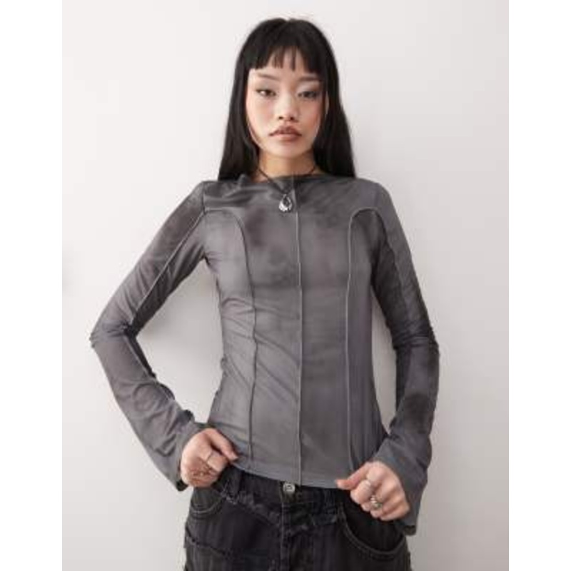 Weekday blur print long sleeve mesh top in gray