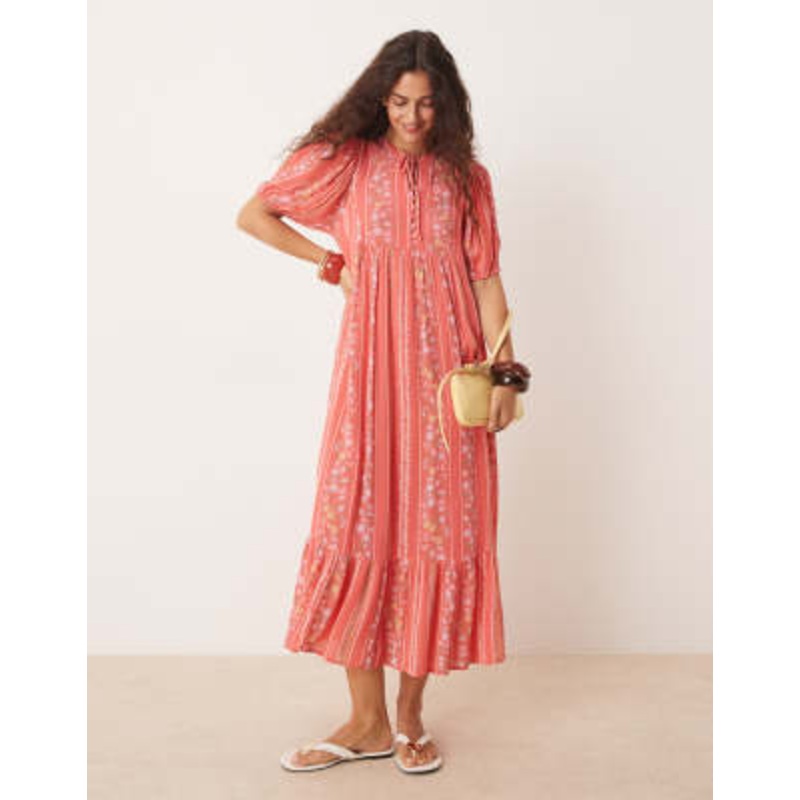 YAS Festival boho style puff sleeve maxi dress with button front detail in coral floral stripe