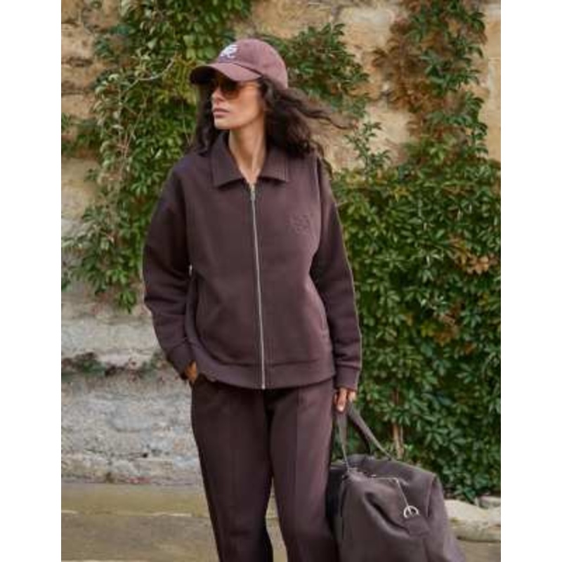 4th & Reckless heavyweight cotton collared zip up bomber sweat jacket in chocolate – part of a set