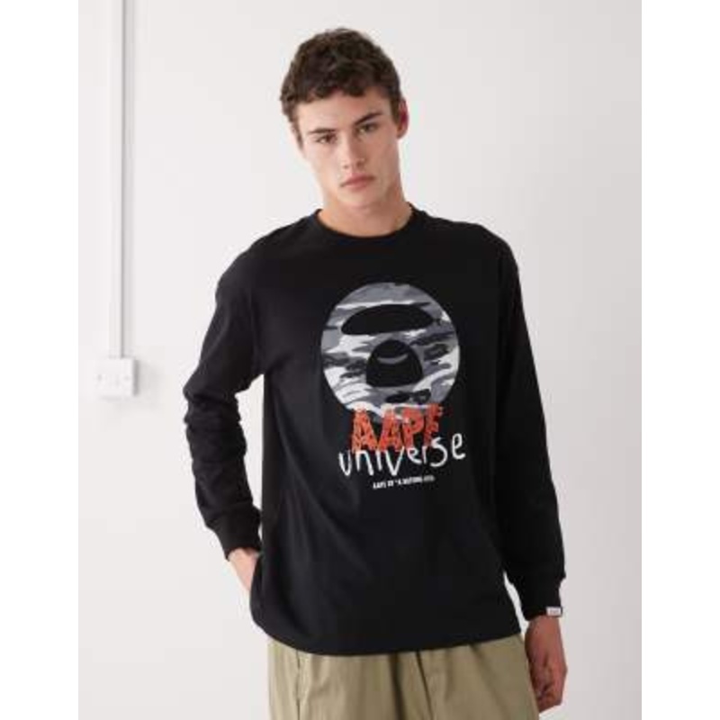 Aape by A Bathing Ape boxy long sleeve T-shirt in black with chest print
