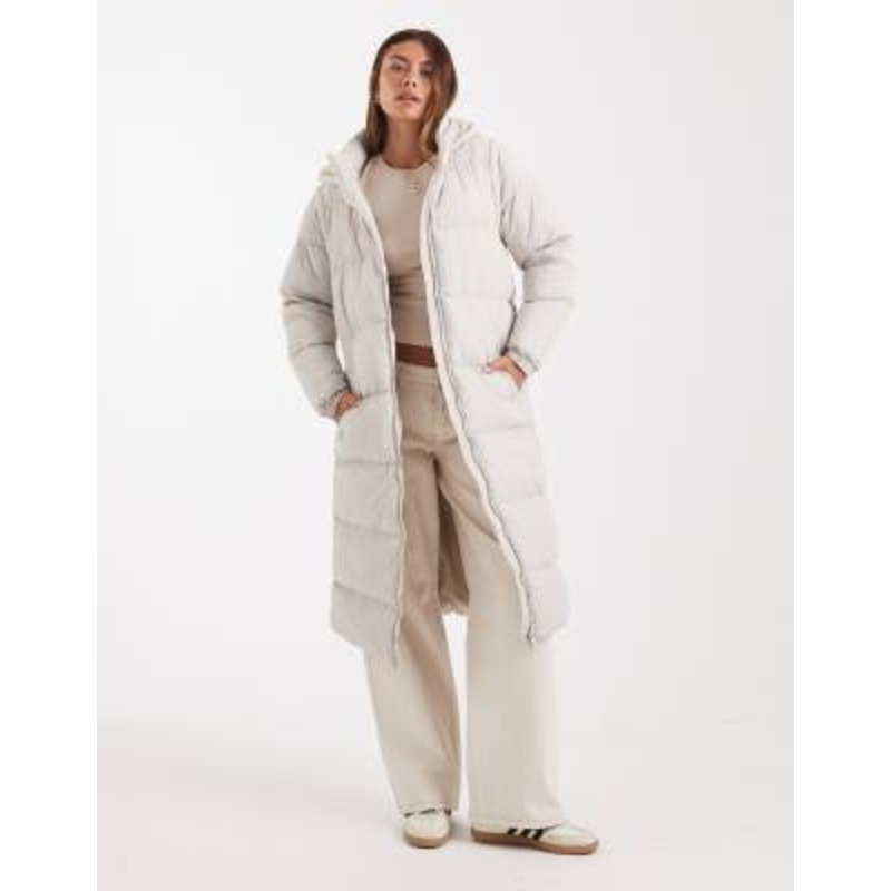 Brave Soul hooded padded maxi jacket with detachable sleeves in stone