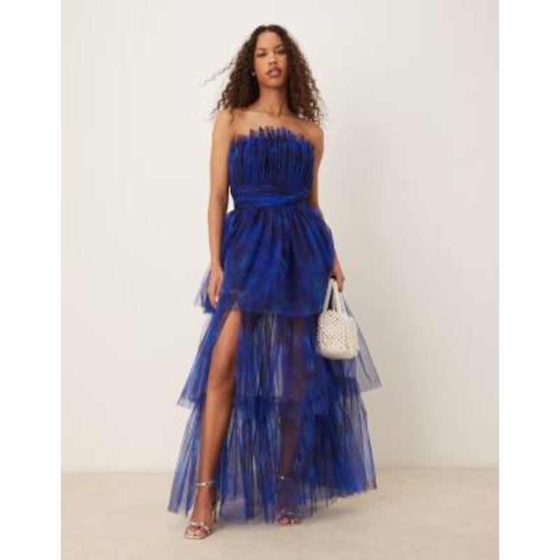Lace & Beads bandeau tulle maxi dress in cobalt