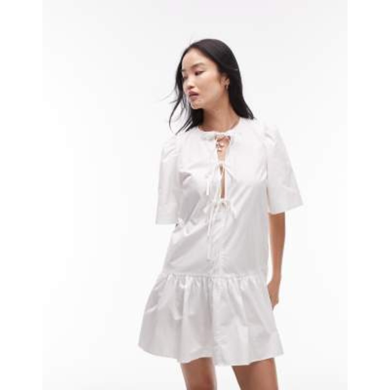 & Other Stories mini dress with drop waist and tie front in white