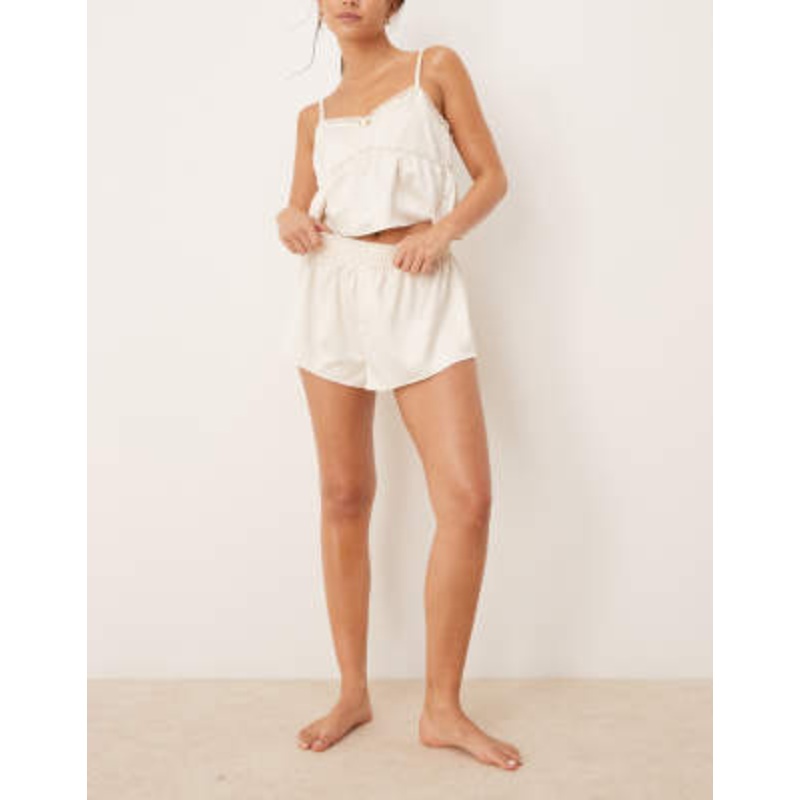 The Frolic exclusive Zoeh satin cami crop top and boxer short in oyster beige