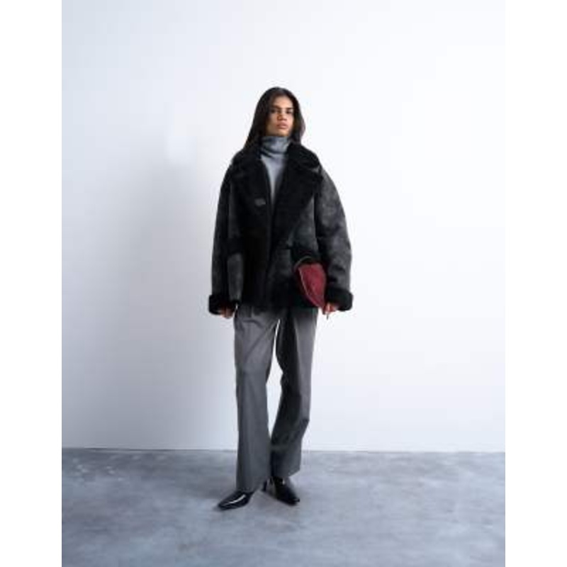Topshop faux shearling super oversized car coat in black