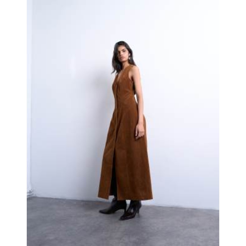 Topshop faux suede hidden button plaquette midi dress in brown