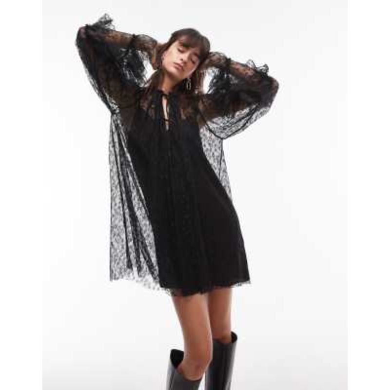 Topshop lace long sleeve mini trapeze dress in black