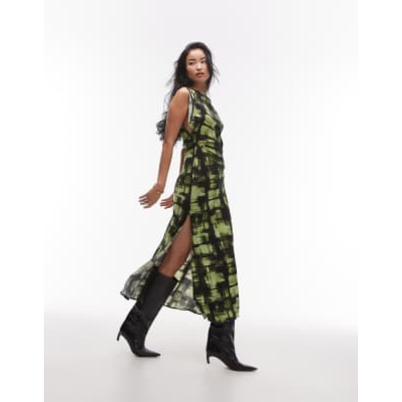 Topshop sliced sleeve ruched side maxi dress in green plaid print