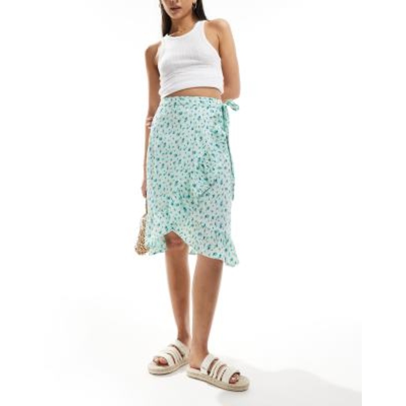 Vero Moda wrap front midi skirt in light blue floral