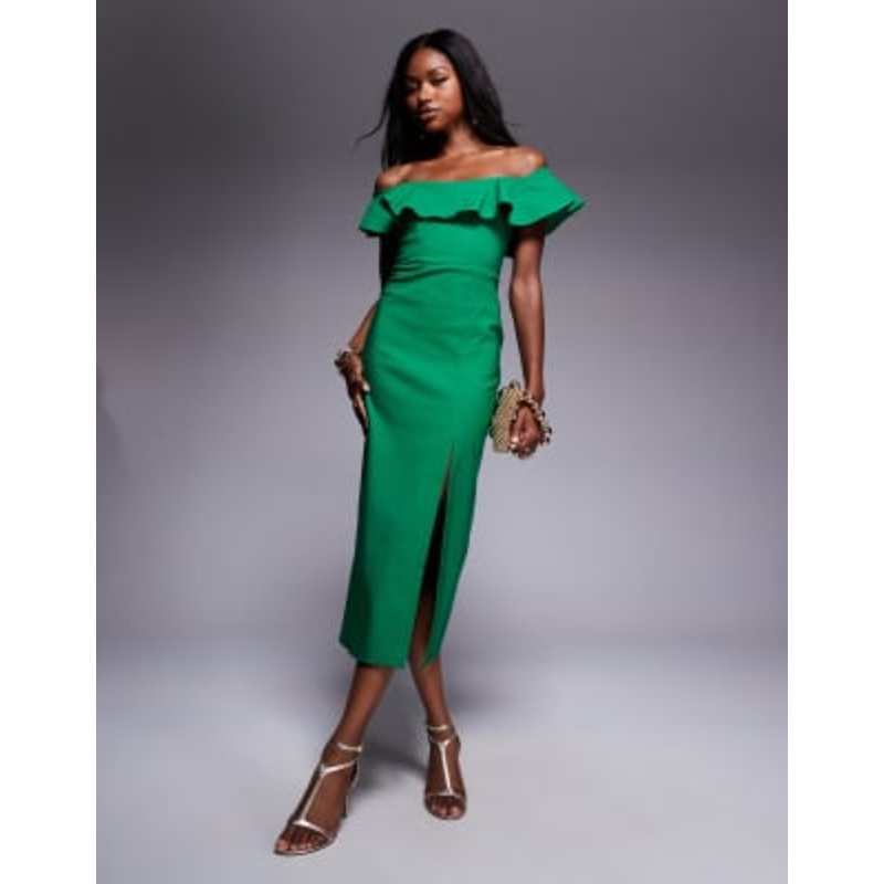 Vesper bengaline ruffle bardot side slit midi dress in emerald