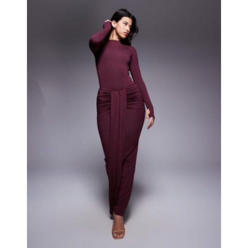 Wanderdoll Nara sculpting second skin high neck long sleeve bodysuit and maxi skirt set in plum